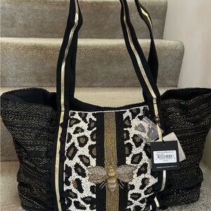America and Beyond Black and Gold beaded Tote Bag NWT